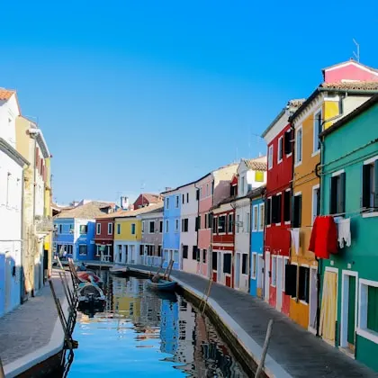 A canal lined with brightly painted houses in Burano, Italy, under a clear blue sky