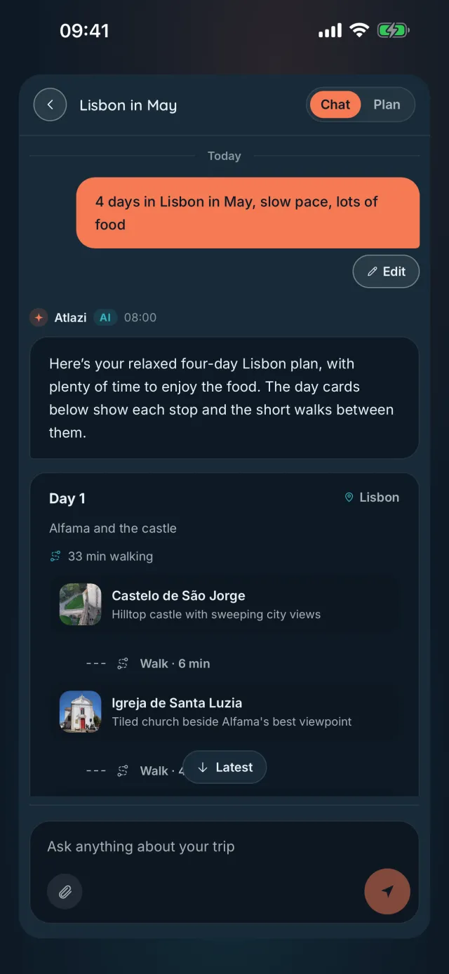 Atlazi chat on a phone: a request for four slow days in Lisbon with lots of food, Atlazi's reply, and the first day card with Castelo de S茫o Jorge, Igreja de Santa Luzia and the walk between them.