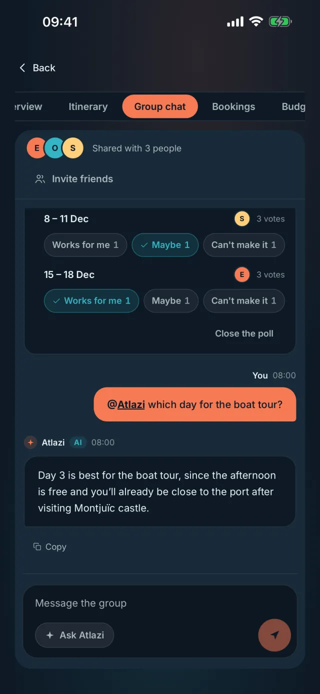 Atlazi group chat of a trip shared with 3 people: a date poll with votes for 8 to 11 Dec and 15 to 18 Dec, a question to Atlazi about which day suits the boat tour, and Atlazi's answer.